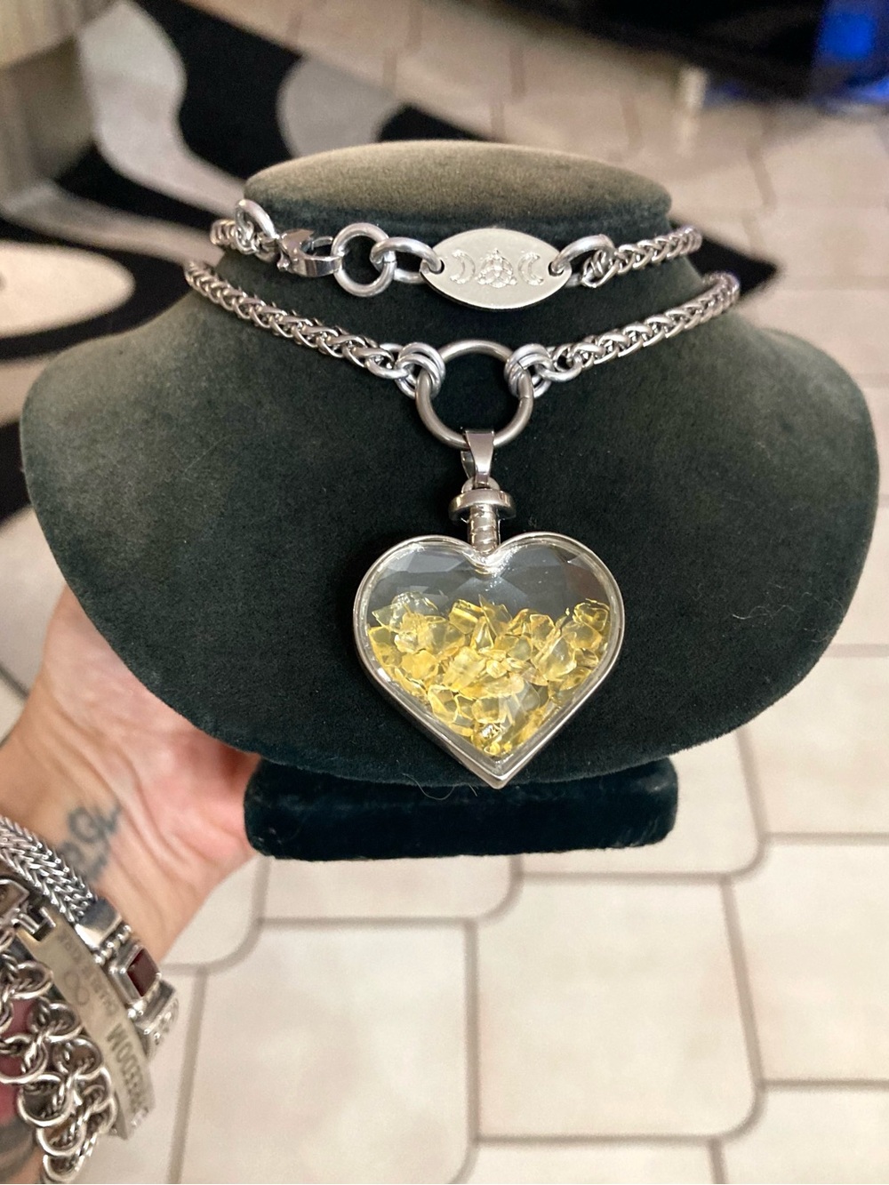 Genuine citrine gemstones chips in heart glass bottle boho silver necklace